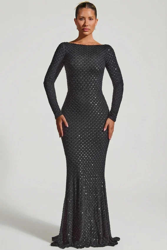 Jailene Embellished Open-Back Gown in Black Jailene Embellished Open-Back Gown in Black