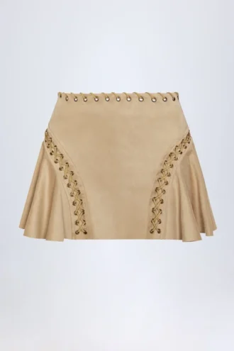Jalsa Lace-Up Mid-Rise Mini Skirt in Tan