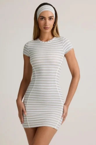 Jazlyn Modal Short-Sleeve Bodycon Mini Dress in Blue Yellow Stripe