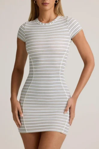 Jazlyn Modal Short-Sleeve Bodycon Mini Dress in Blue Yellow Stripe