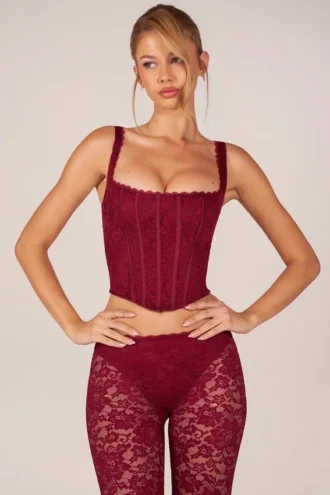 Jemara Lace-Up Corset Top in Cherry Red