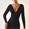 Jessa Modal Ruched Plunge A-Line Mini Dress in Black