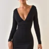 Jessa Modal Ruched Plunge A-Line Mini Dress in Black