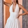 Jessalie Pintucked Halterneck Mini Dress in White