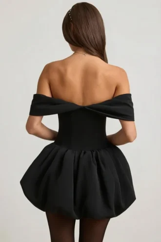 Jessamy Off-Shoulder Layered Bubble Hem Corset Mini Dress in Black