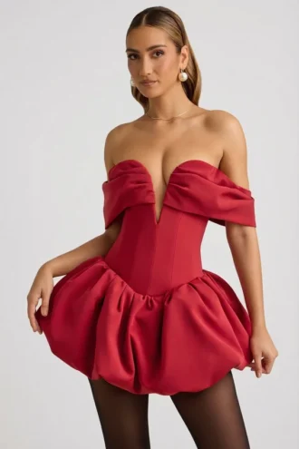 Jessamy Off-Shoulder Layered Bubble Hem Corset Mini Dress in True Red