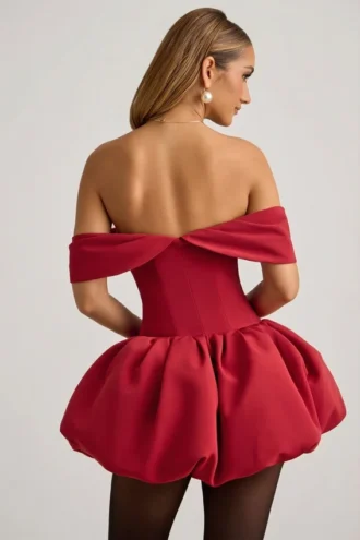 Jessamy Off-Shoulder Layered Bubble Hem Corset Mini Dress in True Red