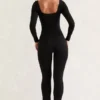 Jett Long Sleeve Square Neck Jumpsuit in Black