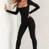 Jett Long Sleeve Square Neck Jumpsuit in Black