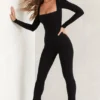 Jett Long Sleeve Square Neck Jumpsuit in Black