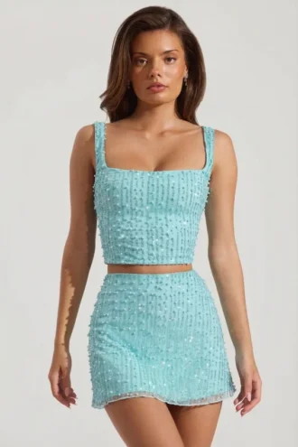 Jianna Embellished Low-Rise Mini Skirt in Aqua Blue