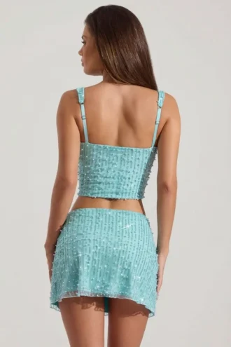 Jianna Embellished Low-Rise Mini Skirt in Aqua Blue