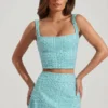 Jianna Embellished Low-Rise Mini Skirt in Aqua Blue