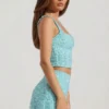 Jianna Embellished Low-Rise Mini Skirt in Aqua Blue