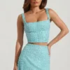 Jianna Embellished Low-Rise Mini Skirt in Aqua Blue
