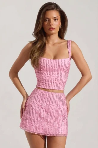 Jianna Embellished Low-Rise Mini Skirt in Pink