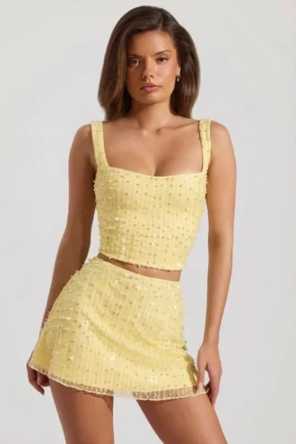 Jianna Embellished Low-Rise Mini Skirt in Yellow