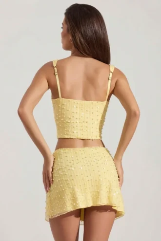 Jianna Embellished Low-Rise Mini Skirt in Yellow