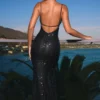 Joella Embellished Cut-Out Halterneck Maxi Dress in Black