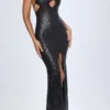 Joella Embellished Cut-Out Halterneck Maxi Dress in Black