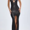 Joella Embellished Cut-Out Halterneck Maxi Dress in Black