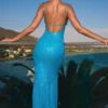 Joella Embellished Cut-Out Halterneck Maxi Dress in Turquoise
