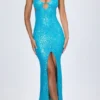 Joella Embellished Cut-Out Halterneck Maxi Dress in Turquoise