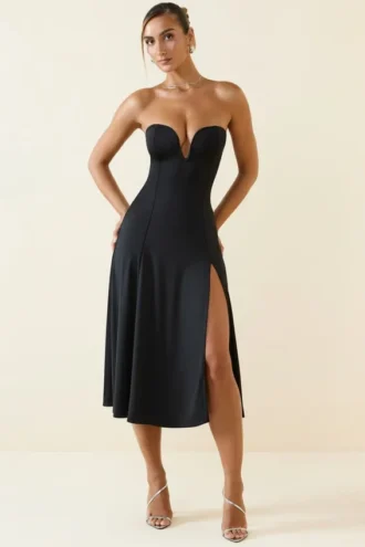 Joely Slinky Jersey Strapless A-Line Midaxi Dress in Black