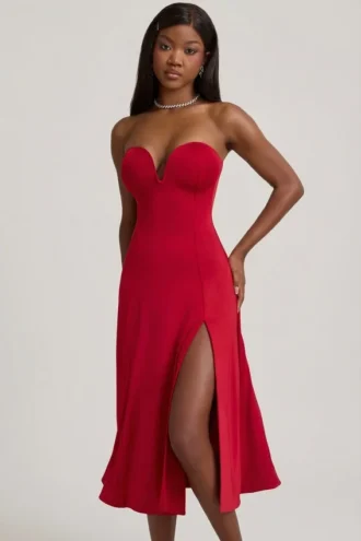 Joely Slinky Jersey Strapless A-Line Midaxi Dress in True Red