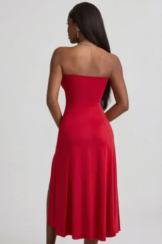 Joely Slinky Jersey Strapless A-Line Midaxi Dress in True Red