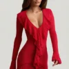 Jolessa Ruffle-Trim Pointelle-Knit Mini Dress in Scarlet Red Jolessa Ruffle-Trim Pointelle-Knit Mini Dress in Scarlet Red