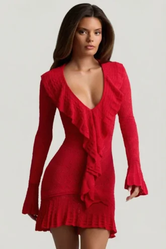 Jolessa Ruffle-Trim Pointelle-Knit Mini Dress in Scarlet Red