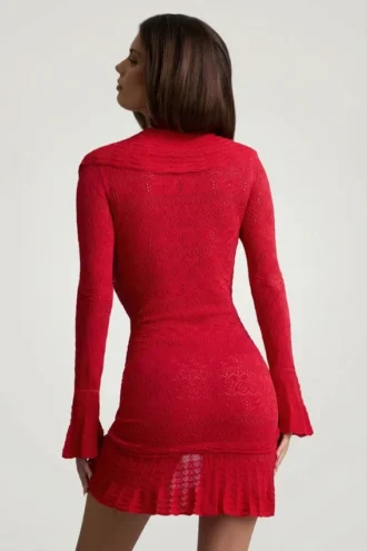 Jolessa Ruffle-Trim Pointelle-Knit Mini Dress in Scarlet Red