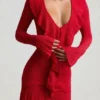 Jolessa Ruffle-Trim Pointelle-Knit Mini Dress in Scarlet Red Jolessa Ruffle-Trim Pointelle-Knit Mini Dress in Scarlet Red