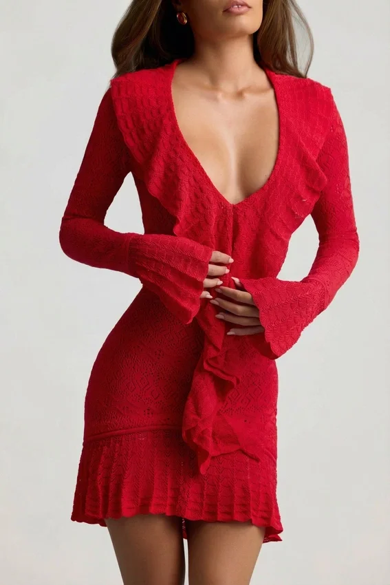 Jolessa Ruffle-Trim Pointelle-Knit Mini Dress in Scarlet Red Jolessa Ruffle-Trim Pointelle-Knit Mini Dress in Scarlet Red