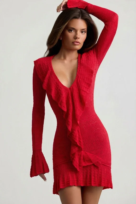 Jolessa Ruffle-Trim Pointelle-Knit Mini Dress in Scarlet Red Jolessa Ruffle-Trim Pointelle-Knit Mini Dress in Scarlet Red