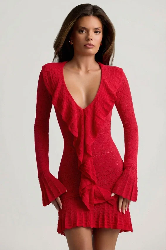 Jolessa Ruffle-Trim Pointelle-Knit Mini Dress in Scarlet Red Jolessa Ruffle-Trim Pointelle-Knit Mini Dress in Scarlet Red