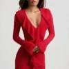 Jolessa Ruffle-Trim Pointelle-Knit Mini Dress in Scarlet Red Jolessa Ruffle-Trim Pointelle-Knit Mini Dress in Scarlet Red