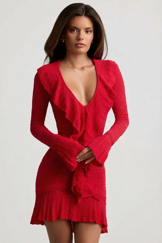 Jolessa Ruffle-Trim Pointelle-Knit Mini Dress in Scarlet Red Jolessa Ruffle-Trim Pointelle-Knit Mini Dress in Scarlet Red