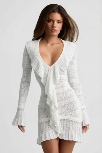 Jolessa Ruffle-Trim Pointelle-Knit Mini Dress in White