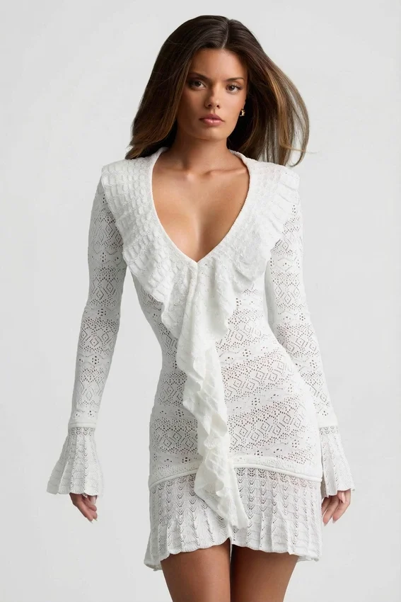 Jolessa Ruffle-Trim Pointelle-Knit Mini Dress in White Jolessa Ruffle-Trim Pointelle-Knit Mini Dress in White