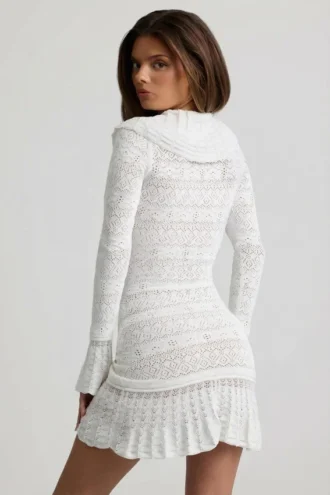 Jolessa Ruffle-Trim Pointelle-Knit Mini Dress in White
