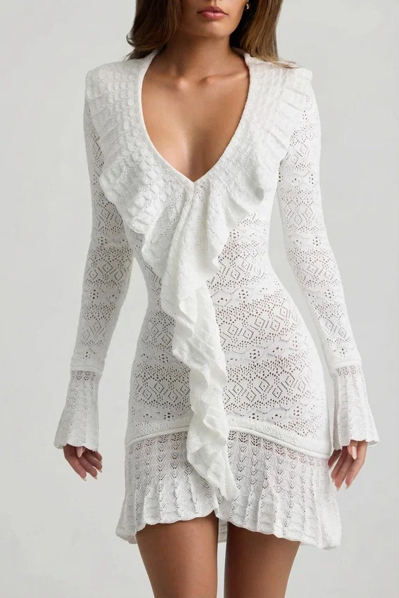 Jolessa Ruffle-Trim Pointelle-Knit Mini Dress in White Jolessa Ruffle-Trim Pointelle-Knit Mini Dress in White