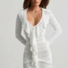 Jolessa Ruffle-Trim Pointelle-Knit Mini Dress in White Jolessa Ruffle-Trim Pointelle-Knit Mini Dress in White