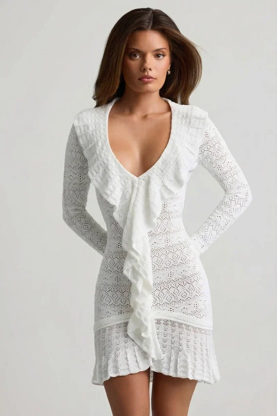 Jolessa Ruffle-Trim Pointelle-Knit Mini Dress in White Jolessa Ruffle-Trim Pointelle-Knit Mini Dress in White