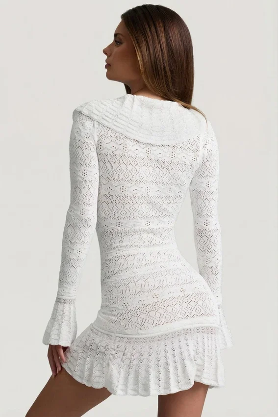 Jolessa Ruffle-Trim Pointelle-Knit Mini Dress in White Jolessa Ruffle-Trim Pointelle-Knit Mini Dress in White