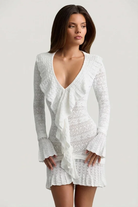 Jolessa Ruffle-Trim Pointelle-Knit Mini Dress in White Jolessa Ruffle-Trim Pointelle-Knit Mini Dress in White