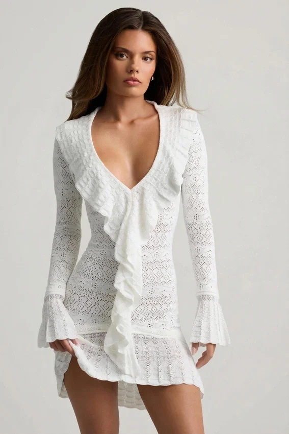Jolessa Ruffle-Trim Pointelle-Knit Mini Dress in White Jolessa Ruffle-Trim Pointelle-Knit Mini Dress in White