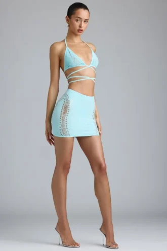 Joni Embellished Mid-Rise Mini Skirt in Ice Blue