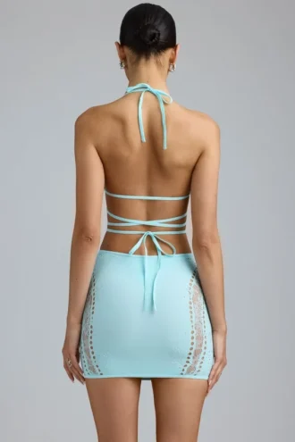 Joni Embellished Mid-Rise Mini Skirt in Ice Blue